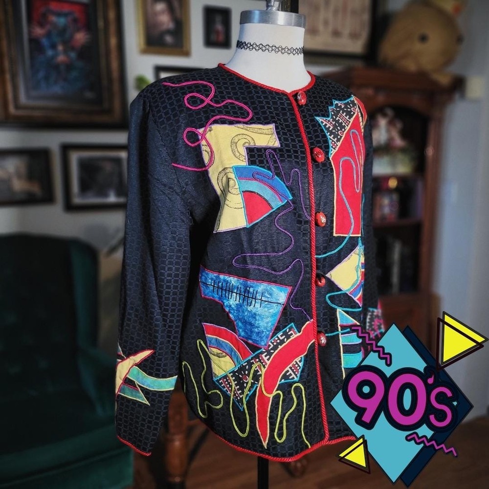Vintage 90s Abstract Jacket Allure Boutique Black Art Print Women's